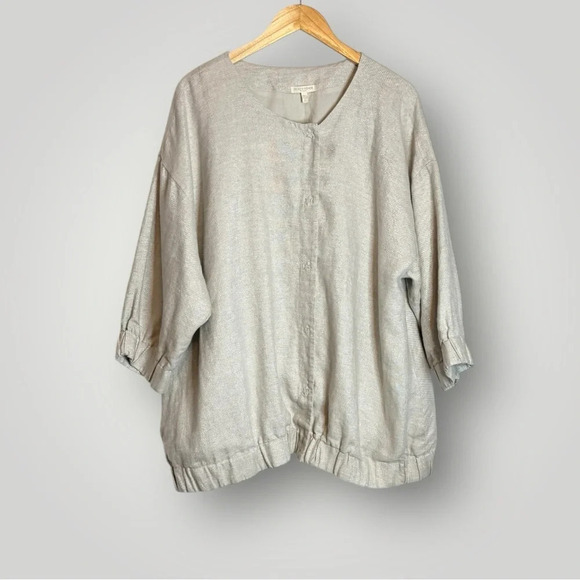 Eileen Fisher | Natural Twinkle Woven Linen Jacket Round Neck 3/4 Sleeve - Picture 2 of 10